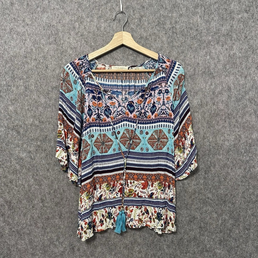Farmers Market by‎ Oneworld Boho Peasant Top Floral Print Tassel Women's M